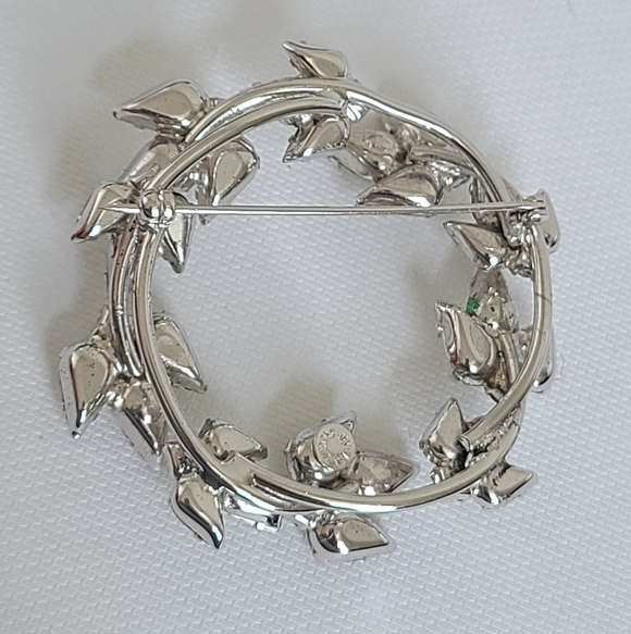 Vintage Jay Flex Sterling Silver Wreath Leaf Crystal Cluster Circle Brooch Pin - Picture 12 of 12